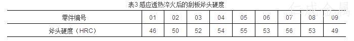 表3感應(yīng)透熱淬火后的刮板斧頭硬度.jpg